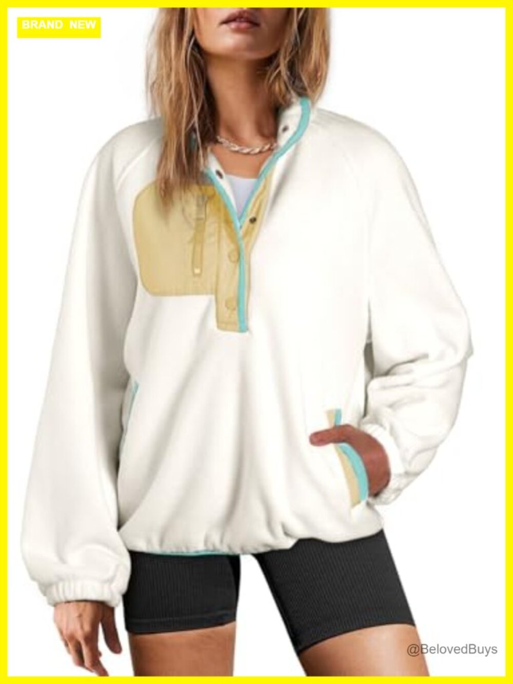 Oversized Fuzzy Fleece Color Block Button Pullover Sherpa Sweatshirt